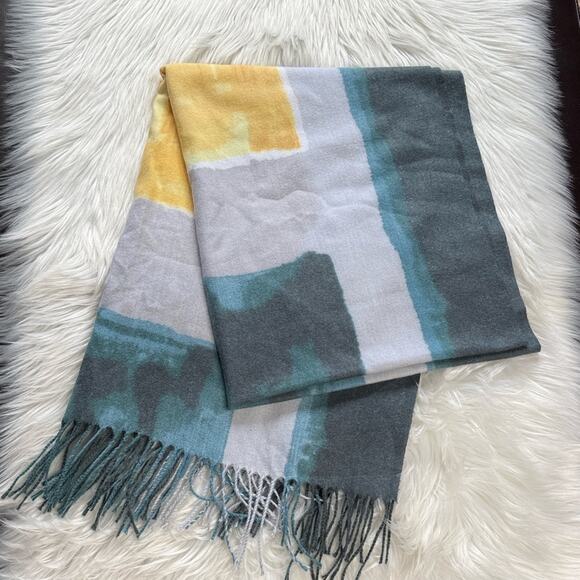 Accessories - Abstract Patterned Blue and Yellow Wool Blend Pashmina Scarf